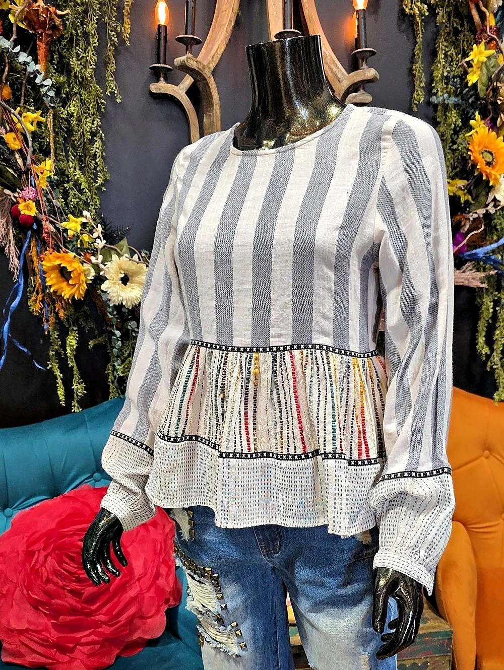 THML Striped Peplum Blouse with Embroidered Lower Panel